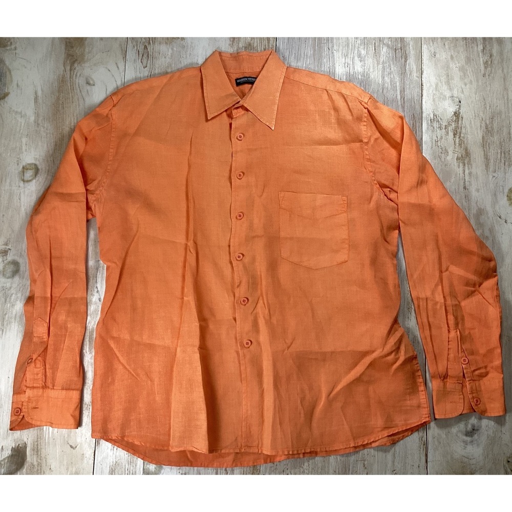 Warren Webber Mens XL Orange 100% Linen Long Sleeve Button Down Shirt Pocket